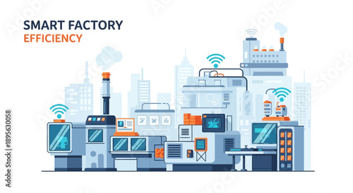 Illustration of a smart factory with robotic machinery and quality control inspection systems in an industrial setting with a focus on efficiency and Industry 5.0 concepts.