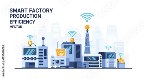 An illustration of a smart factory with robotic equipment and icons representing efficiency and industry 5. against a clean background.