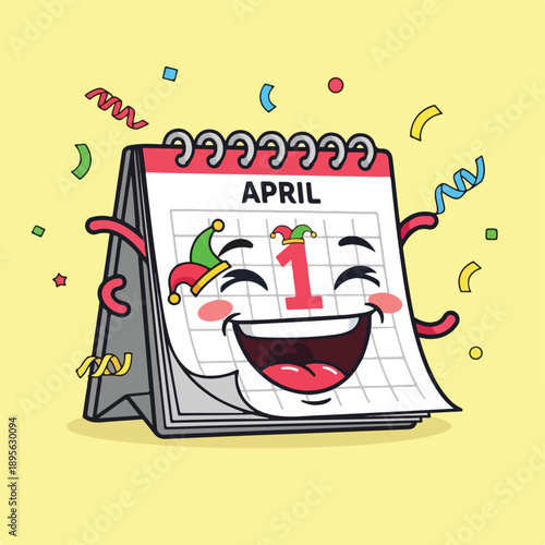 A smiling calendar page with the date of April 1st, surrounded by confetti