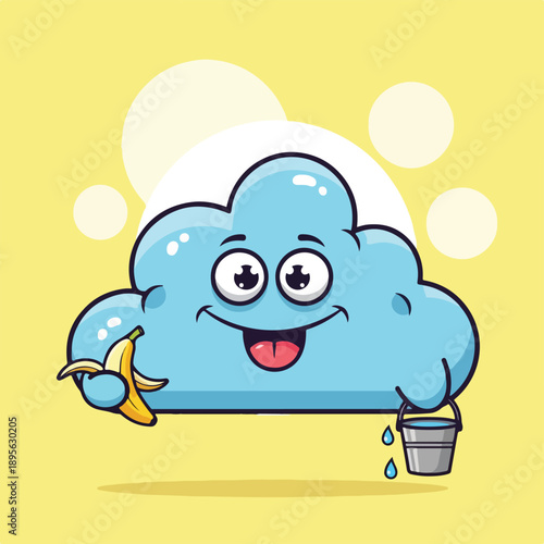 A smiling, cartoonish cloud with a banana and a bucket
