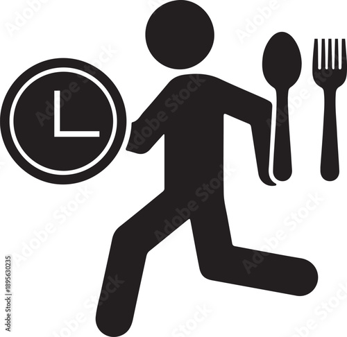 Vector black silhouette of running person holding clock, spoon, and fork, fast food delivery icon isolated on white