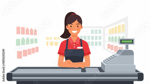 A smiling cashier behind a counter, shelves, and a register
