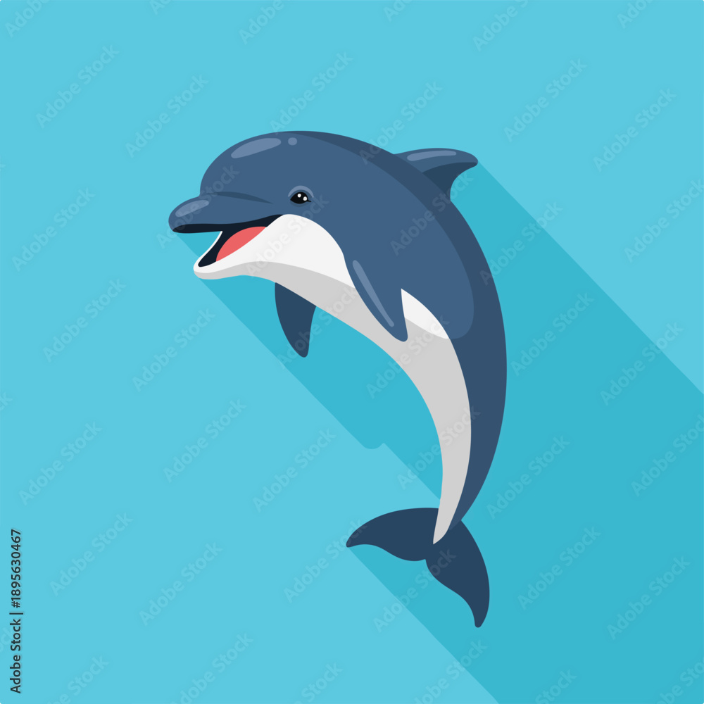 Fototapeta premium A smiling dolphin leaps from the blue, casting a long shadow
