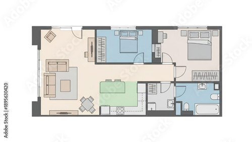 Modern Apartment Floor Plan with Two Bedrooms and Open Concept Living Area