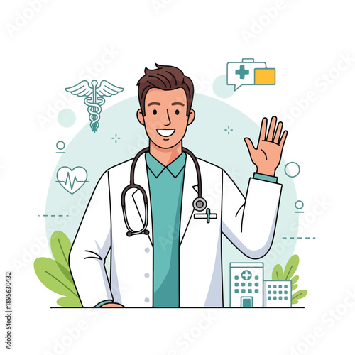 A smiling doctor in a white coat waving, with medical symbols and hospital