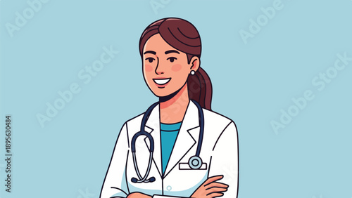 A smiling female doctor with a stethoscope and crossed arms