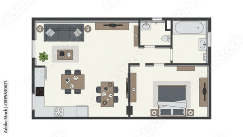 Detailed top-down floor plan illustrating a modern apartment layout with furnished living spaces
