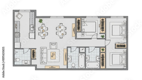 Modern Apartment Floor Plan with Three Bedrooms and Two Bathrooms