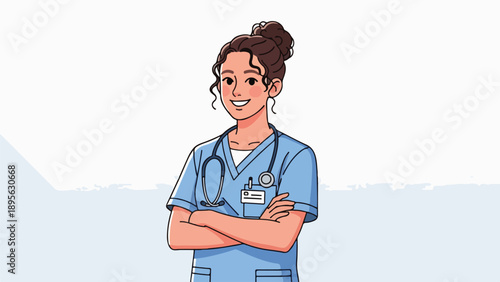 A smiling healthcare worker in blue scrubs with arms crossed, hair up