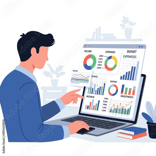 Man analyzing financial data on laptop screen with charts and graphs