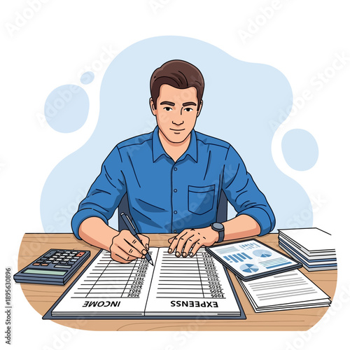Man reviewing financial documents and using calculator at desk