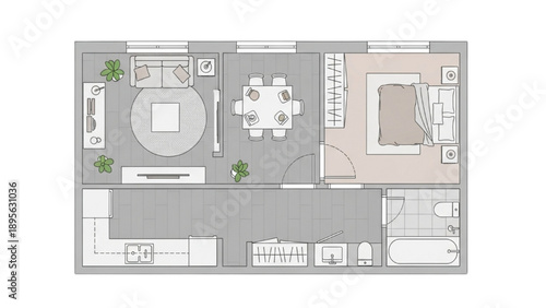 Modern apartment floor plan illustration showcasing a compact living space design with kitchen, dining, bedroom, and bathroom layouts