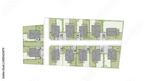 Aerial view of a suburban street with houses and driveways