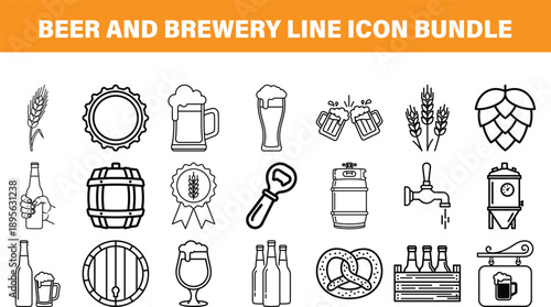 Beer and brewery line icon bundle. Hops, barley, and pub symbols, flat outline vector illustration for alcohol and craft beer.