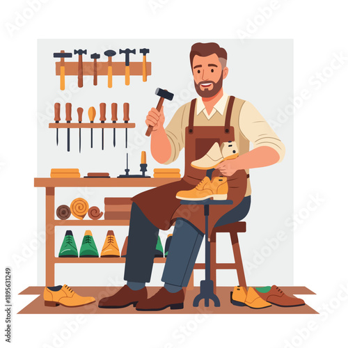 A smiling man in workshop, repairs shoes with tools
