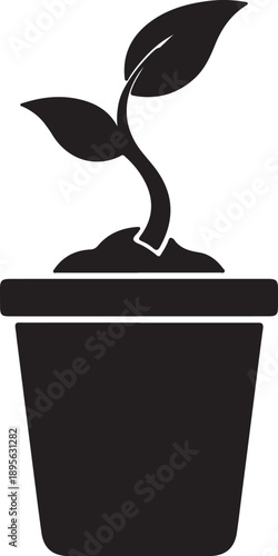 Black vector icon of a small plant seedling growing in a pot, isolated on white