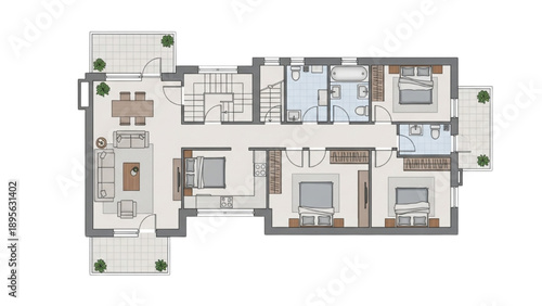 Detailed architectural floor plan illustration showcasing a spacious residential property layout with multiple rooms and outdoor living spaces, perfect for modern home design