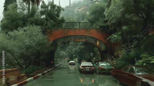 Wallpaper Mural Vehicles navigate a lush overgrown urban landscape with architectural structures Torontodigital.ca