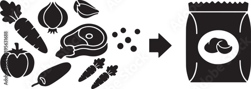 Pet food production process vector icon with meat, vegetables, and kibble bag, black and white illustration isolated on white