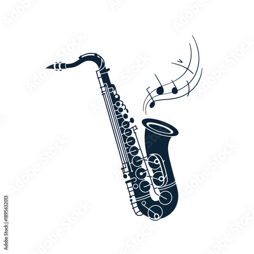 A blue saxophone illustration with musical notes symbolizing jazz music