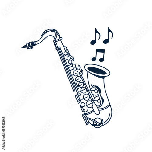A blue saxophone illustration with musical notes floating nearby