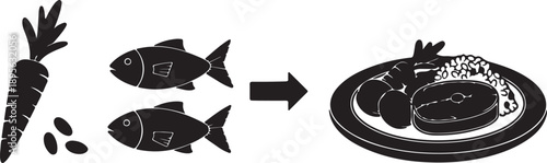 Food Production Process from Fish to Meal Icon Set