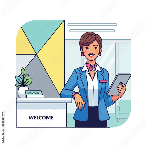 A smiling receptionist at a front desk, holding a tablet