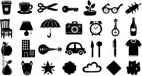 Black and white glyph icons set of everyday objects and symbols, vector illustration