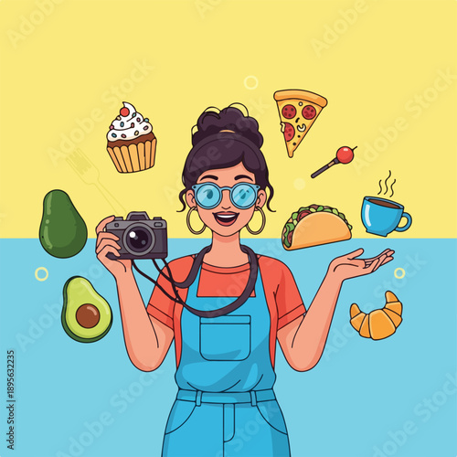 A smiling woman holding a camera, surrounded by different foods