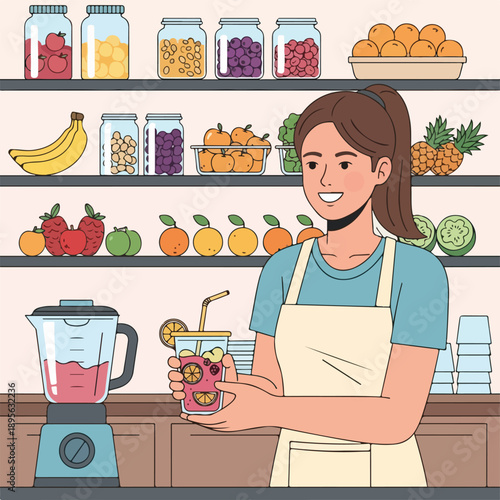 A smiling woman holding a colorful juice in a glass