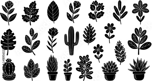 Black and White Silhouette Vector Art of Various Houseplants and Cacti in Pots