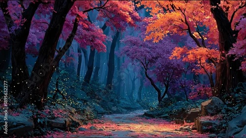 Wallpaper Mural Vibrant forest scene colorful trees and pathway through a magical woodland Torontodigital.ca