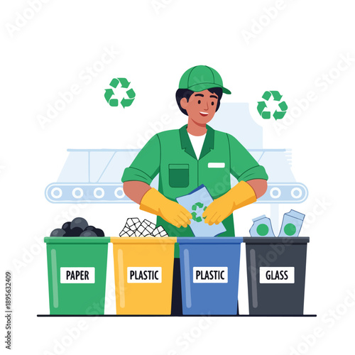 A smiling worker sorts recycling materials in a color-coded system