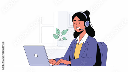 A smiling woman with headphones working on a laptop in an office setting
