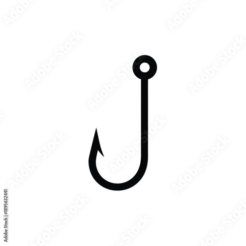 Simple black silhouette of a curved fishing hook on a white background