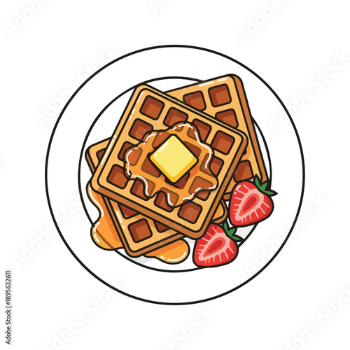 A stack of waffles with butter, syrup, and strawberries on a plate