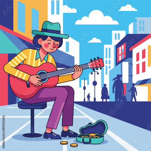 A street musician plays guitar in a city scene with pedestrians