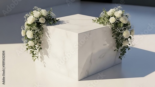 Minimalist marble cube decorated with floral arrangements for product display