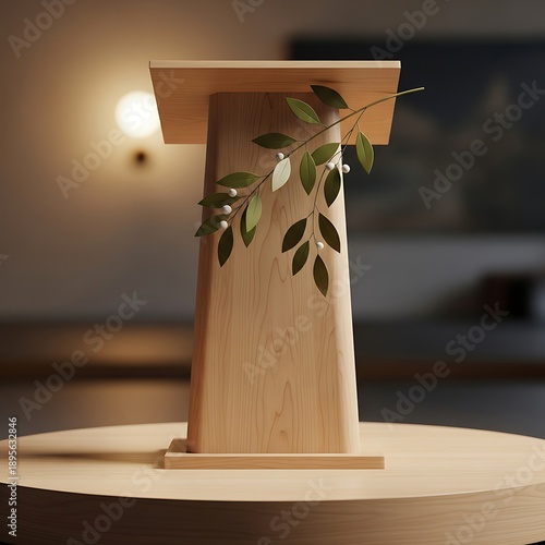 Minimalistic wooden podium with delicate foliage for elegant presentations