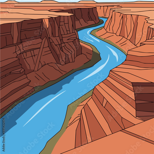 A stylized cartoon illustration of a canyon with a winding blue river