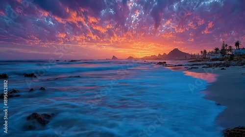 Wallpaper Mural Vibrant sunset over ocean beach with colorful sky and silhouetted mountains Torontodigital.ca