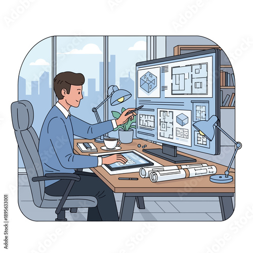 Architect designing floor plan on computer and tablet in modern office