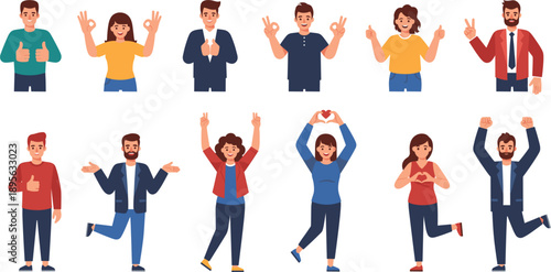 Set of diverse people characters making positive hand gestures like thumbs up, heart shape, and victory sign for success and communication concepts.
