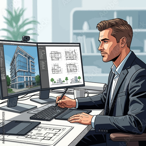 Architect designing modern building on computer