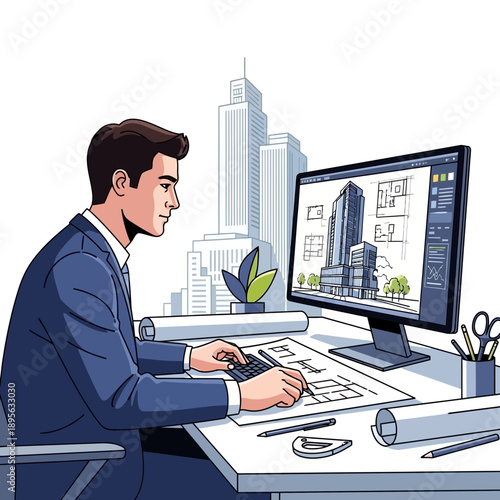 Architect designs building on computer, plans on desk, city skyline background