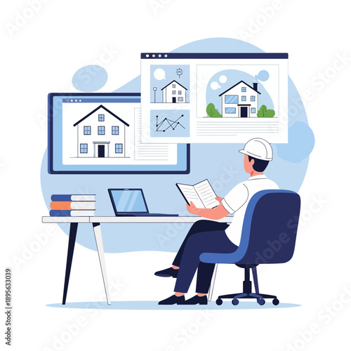 Architect designing house on computer with blueprints and books