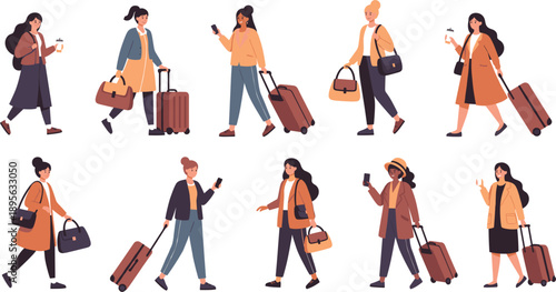Collection of diverse women travelers walking with suitcases and luggage bags while using phones and drinking coffee for airport and vacation concepts.