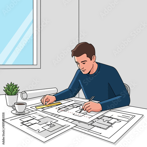 Architect drawing blueprints at desk with coffee and plant