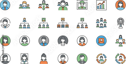Business People Avatar Icon Set Featuring Corporate Hierarchy Organizational Charts Human Resources Management Teamwork Leadership Workforce Structure and Professional User Profile Character Elements.