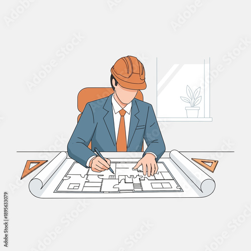 Architect drawing building plans on desk with blueprints and tools